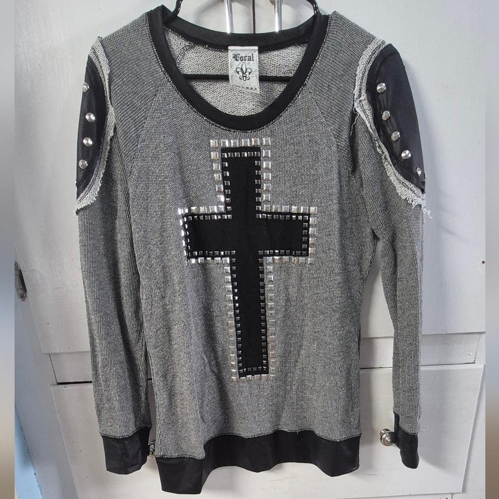 Women's Gray and Black Cross Studded Top